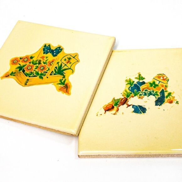 Two Butter Yellow Romany Ceramic Tiles w/ Vintage Image Transfers - Picture 3 of 9